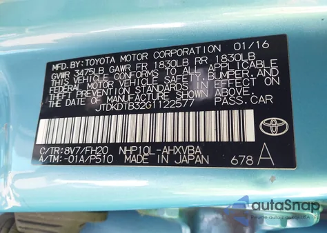 2016 Toyota Prius C One z USA, uszkodzony, nr VIN JTDKDTB32G1122577